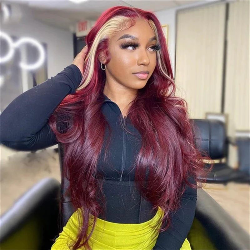 ZSF Burgundy With Blonde Skunk Stripe Highlight Body Wave Lace Frontal Colored Hair Pre-Plucked Natural Hairline