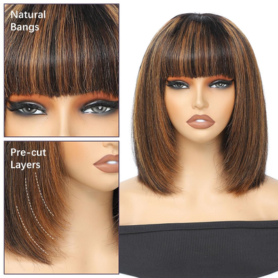 ZSF Brown Highlight 1B/30# Hair Bob None Lace Wig Layer Cut Short Bob Wig With Bang Straight Wig