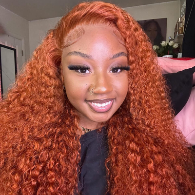 ZSF Ginger Orange Color Water Wave Curly Lace Frontal Wig Pre-Plucked HD Lace 100% Human Hair Wig