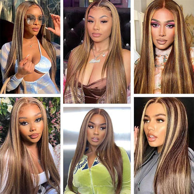 ZSF  P4/27 Brown Blonde Highlight Straight Virgin Hair 3Bundles With Lace Frontal