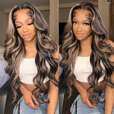 ZSF Balayage Highlights P1b/27# Black Honey Blonde Body Wave Lace Frontal Human Hair Wigs