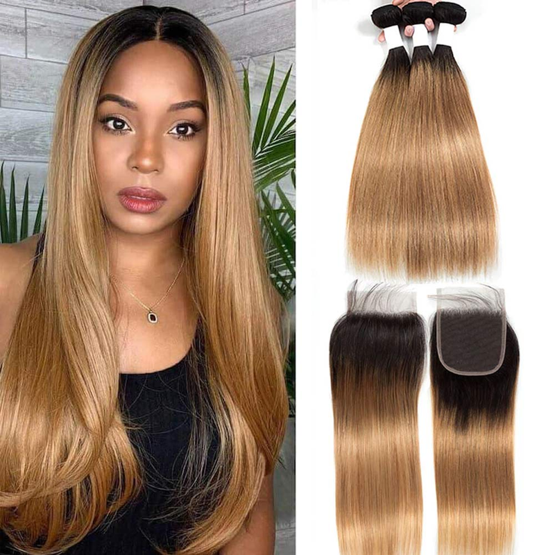 ZSF T1B/27 Ombre Blonde Straight Human Hair 3Bundles With Lace Closure Brazilian Remy Hair