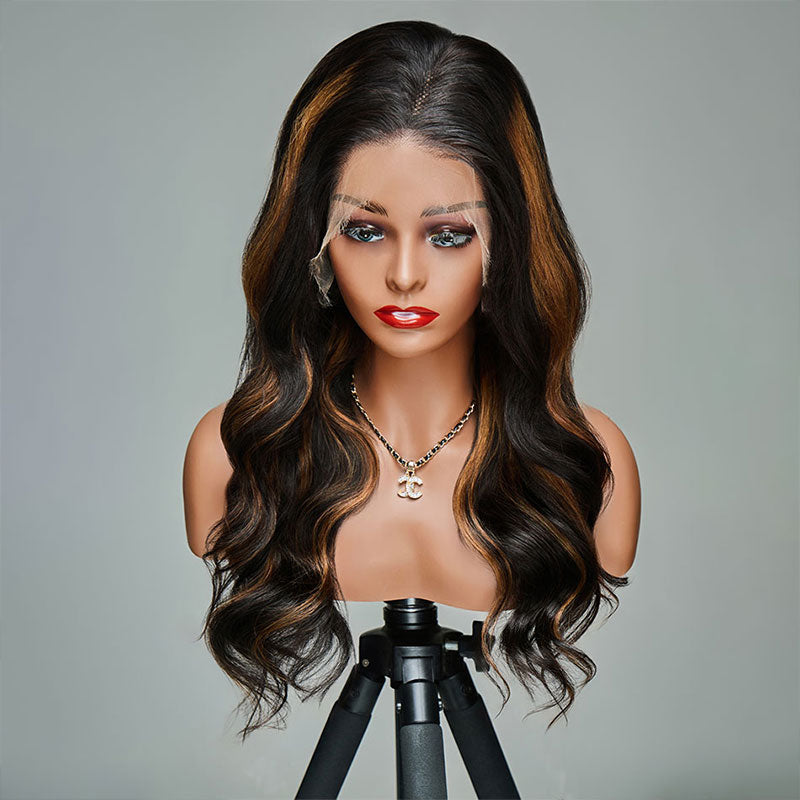 (BUY 1 GET 1 Free) New Arrival Middle Part Highlights Black Mix Blonde Brazilian 1b/S27 Lace Wig Middle Part Pre Plucked Natural Hairline