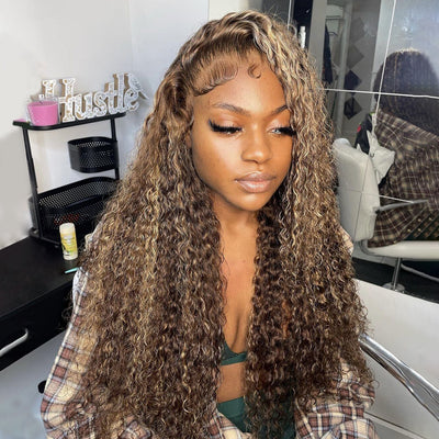 ZSF Brown And Honey Blonde Highlights 4/27# Highlight Water Wave Curly Lace Wig