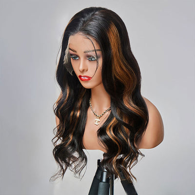 (BUY 1 GET 1 Free) New Arrival Middle Part Highlights Black Mix Blonde Brazilian 1b/S27 Lace Wig Middle Part Pre Plucked Natural Hairline