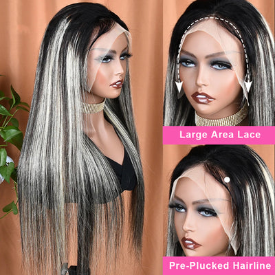 ZSF Black/Platinum Blonde highlight Straight Lace Wig Human Hair Pre-plucked 1Piece