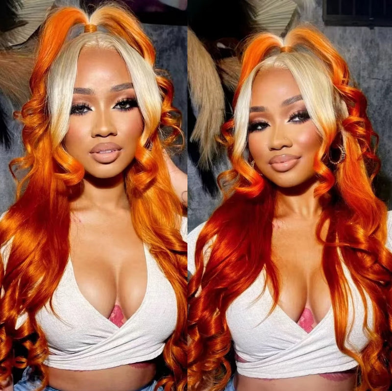 ZSF Orange Ombre Blonde Orange Lace Human Hair Wigs Pre-Plucked Middle Part 180% Density Natural Hairline