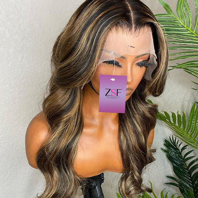 (Clearance Sale)ZSF 1b/27# Highlights Black/Honey Blonde Brazilian Body Wave Lace Wig Pre Plucked 1PC