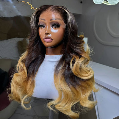 ZSF Ombre Brown Blonde Highlight Body Wave Human Hair Lace Frontal Wig  Middle Part Brazilian Hair