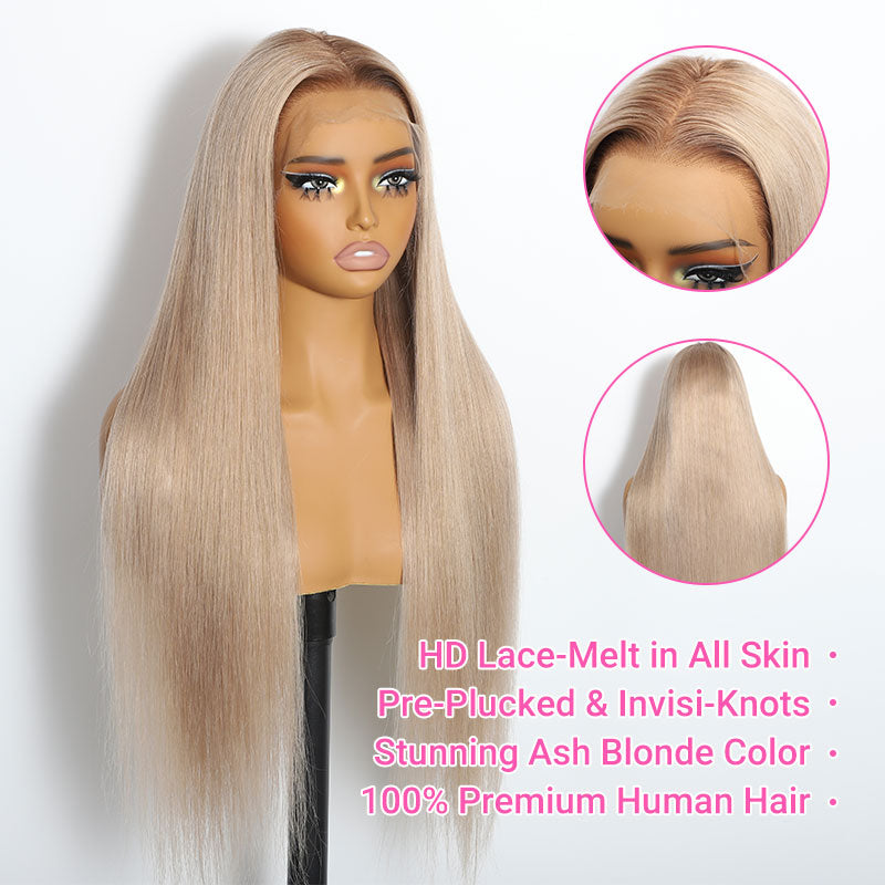ZSF New In Ash Blonde Ombre Dark Root Straight HD Lace Frontal Brazilian Human Hair Wig