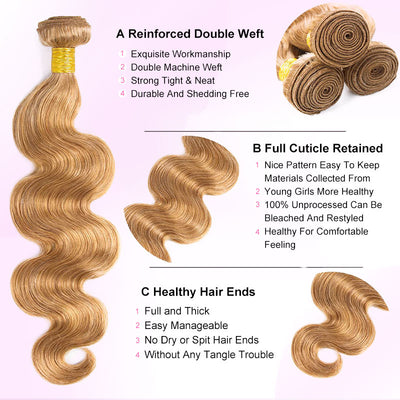 ZSF Honey Blonde #27 Body Wave Human Hair 3 Bundles With Lace Closure Vigin Hair