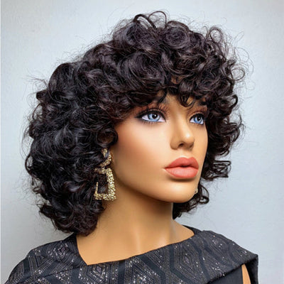 ZSF Hair Bouncy Curly Human Hair Wig With Bangs Machine Made None Lace Hair Natural Black Color