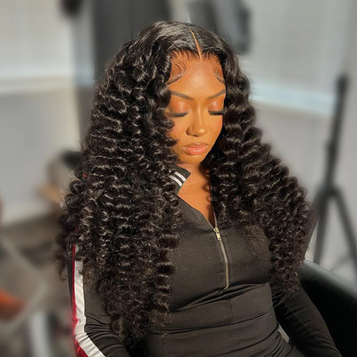 ZSF Bouncy & Wand Curls C Part Glueless Lace Front Pre-Bleached Knots Natural Black Human Hair Wigs