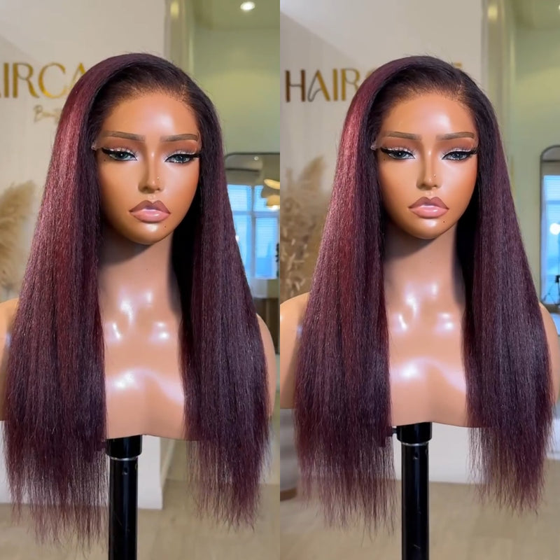 ZSF Ombre Red Wine T1B/dark 99j Ombre Kinky Straight Premium Human Hair Invisi-HD Lace Frontal Wig Natural Hairline