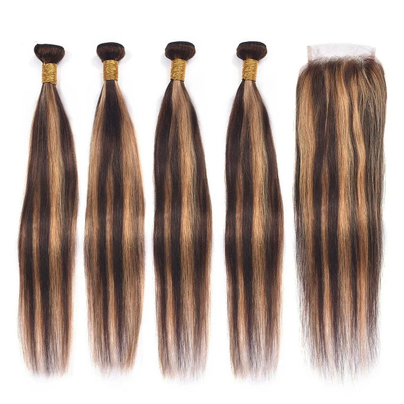 ZSF Ombre P4/30 Straight Virgin Hair 4Bundles With Lace Closure 100% Human Hair