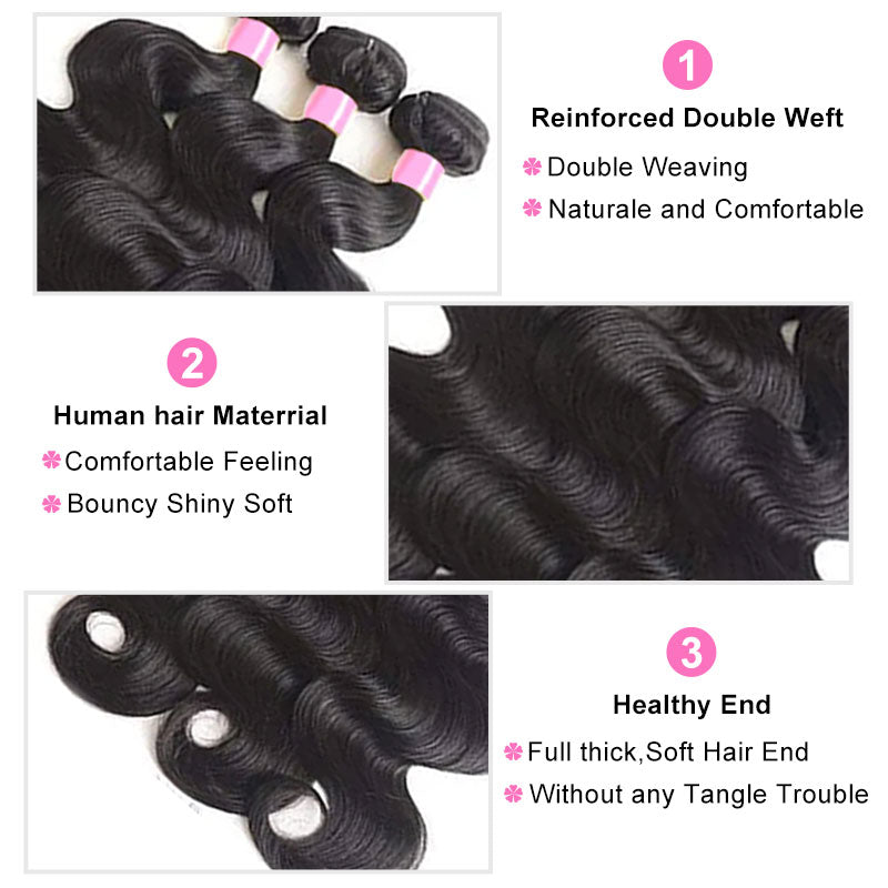 ZSF Grade 8A Body Wave Bundles With Lace Closure Natural Black Hair Extensions