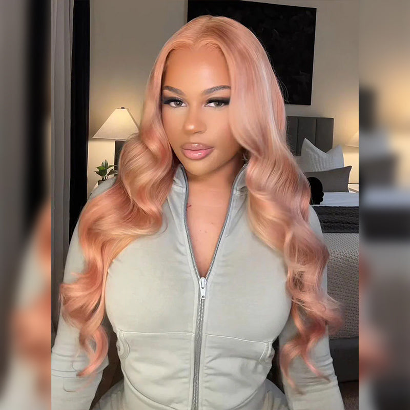 ZSF Hair Milk Tea Pink With Blonde Highlights Body Wave HD Lace Closure Human Hair Colored Wig