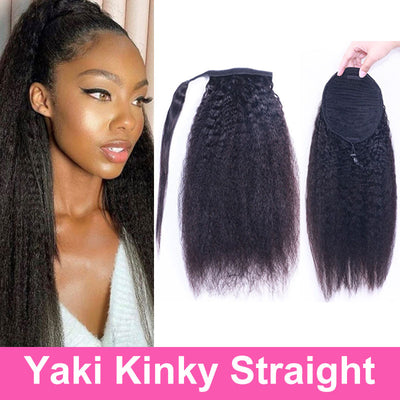 ZSF Kinky Straight Ponytail Human Hair With Clip In Extensions Natural Black One Piece