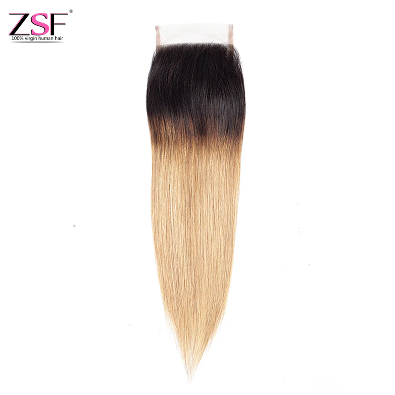 ZSF Hair 8A Grade Straight Human Hair 4x4 Lace Closure Ombre Blonde Color 1Piece (1b 27