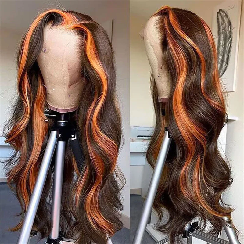 ZSF Ginger Highlight Brown Body Wave Lace Front Wigs Brazilian Human Hair Pre Plucked