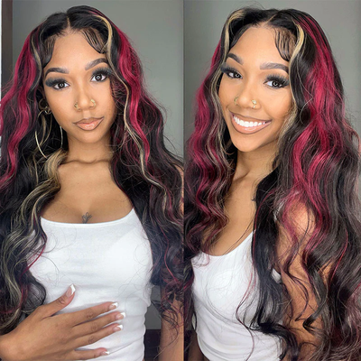 ZSF NEW Multi Color Blonde Red Highlight Body Wave Three Color Mixed Pre-Plucked Glueless Natural Hairline