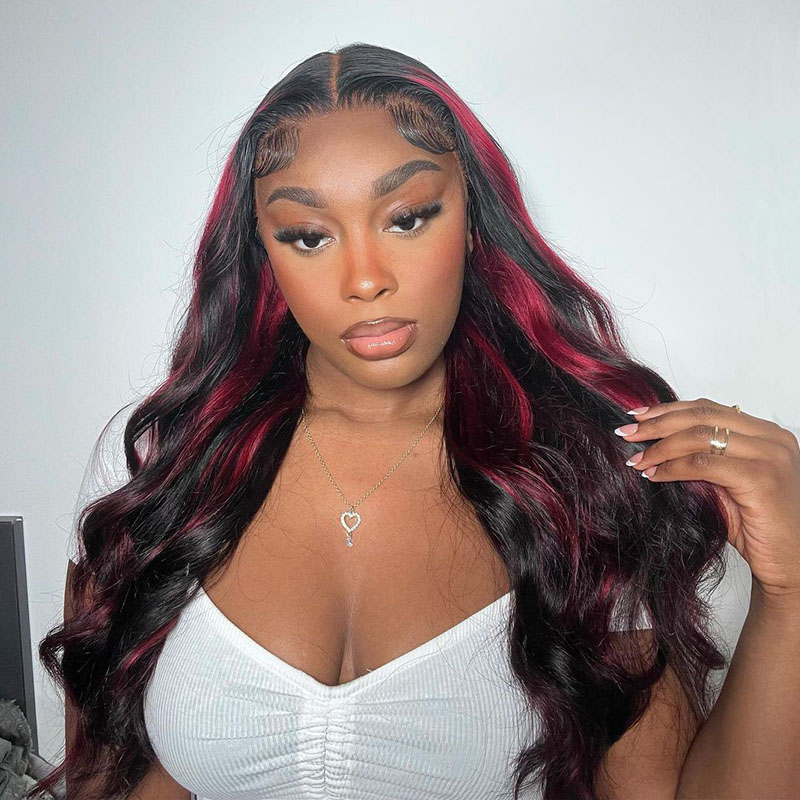 ZSF Burgundy Black Highlights Mix Color Transparent Lace Wig Body Wave Colored Human Hair Wig