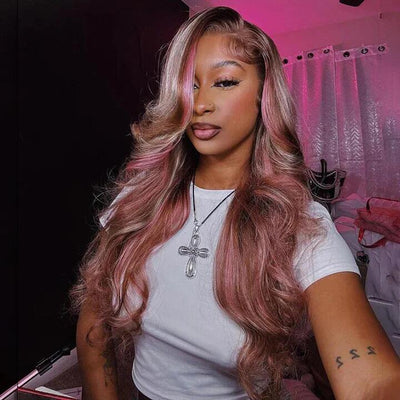 ZSF Hair Pink Skunk Stripe Ombre Blonde And Pink Highlights Body Wave Lace Wig