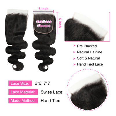 ZSF Grade 8A Body Wave Bundles With Lace Closure Natural Black Hair Extensions