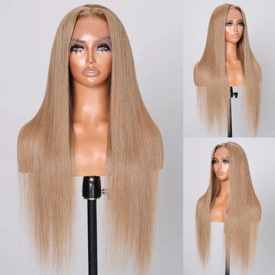 ZSF Light Flaxen Brown 18# Transparent Silk Straight Lace Wig Colored Human Virgin Hair One Piece