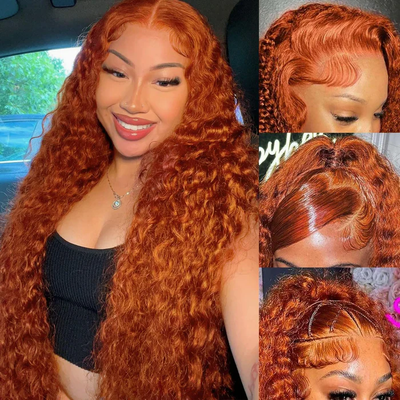 ZSF Ginger Orange Color Water Wave Curly Lace Frontal Wig Pre-Plucked HD Lace 100% Human Hair Wig