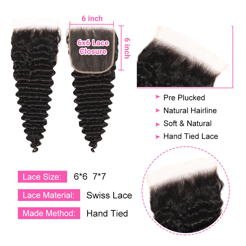 ZSF 6×6/7×7 Lace Closure With Deep Wave Bundles Grade 8A Virgin Hair Unprocessed Natural Black Hair Weaving