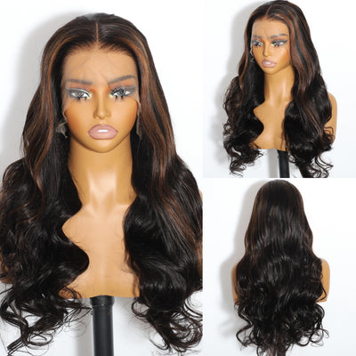 ZSF Brown Highlights F4# Bouncy Body Wave Lace Wig Black Brown Highlight Middle Part Pre Plucked