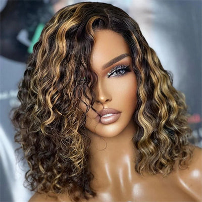 (Clearance Sale) ZSF Hair 1b/27# Highlight Brown Honey Blonde Bob Deep Wave Lace Frontal Wig 1Piece