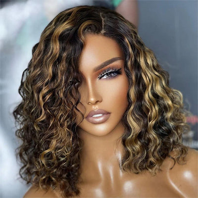 (Clearance Sale) ZSF Hair 1b/27# Highlight Brown Honey Blonde Bob Deep Wave Lace Frontal Wig 1Piece