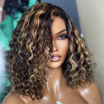 (Clearance Sale) ZSF Hair 1b/27# Highlight Brown Honey Blonde Bob Deep Wave Lace Frontal Wig 1Piece