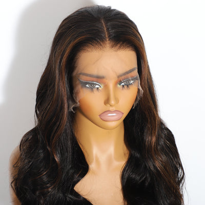 ZSF Brown Highlights F4# Bouncy Body Wave Lace Wig Black Brown Highlight Middle Part Pre Plucked