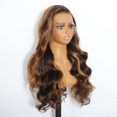 ZSF Brown Mixed Golden Highlight Bouncy Curl Lace Wig Pre-Plucked Natural Hairline Virgin Human Hair