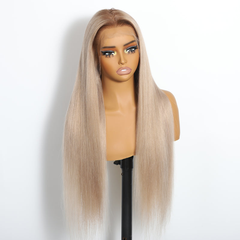 ZSF New In Ash Blonde Ombre Dark Root Straight HD Lace Frontal Brazilian Human Hair Wig