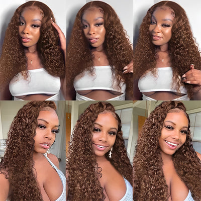 ZSF Hair 4# Brown Brazilian Water Wave Curly Wavy Lace Wig Pre Plucked 1 Piece