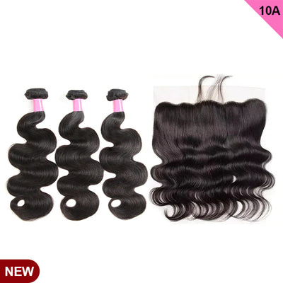Free Shippng 10A Grade Body Wave 3Bundles With Lace Frontal 100% Human Hair Natural Black