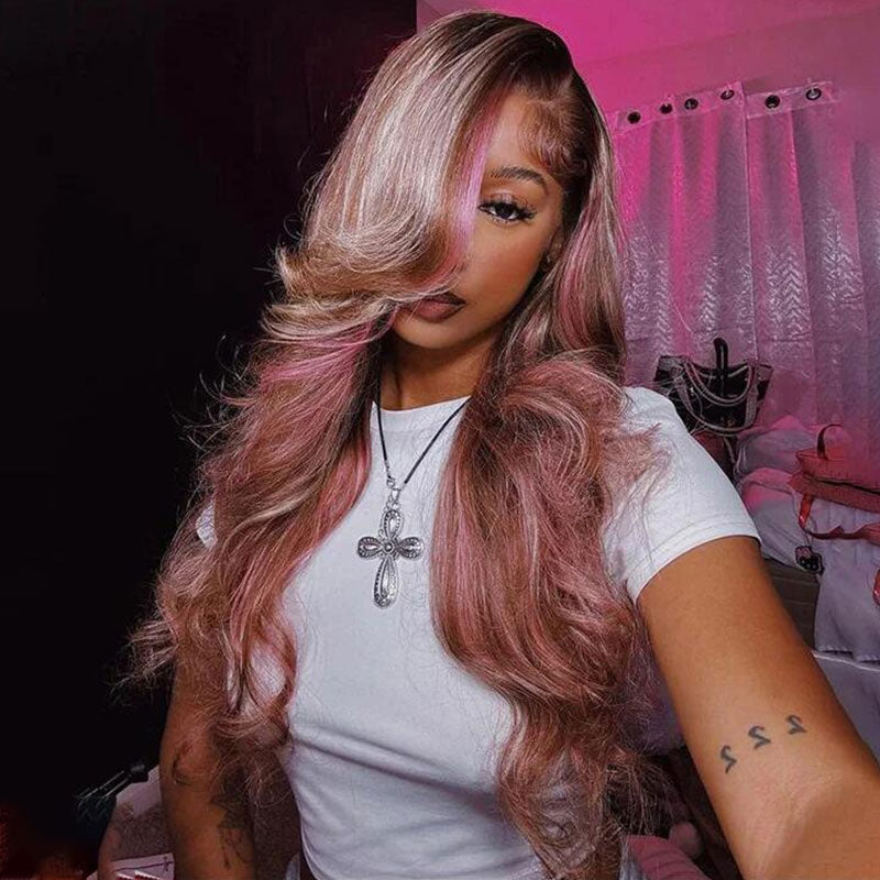 ZSF Hair Pink Skunk Stripe Ombre Blonde And Pink Highlights Body Wave Lace Wig