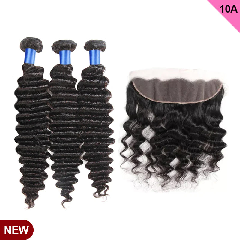 Free Shipping 10A Grade Hair Loose Deep Wave Virgin Hair 3Bundles With Lace Frontal Natural Black