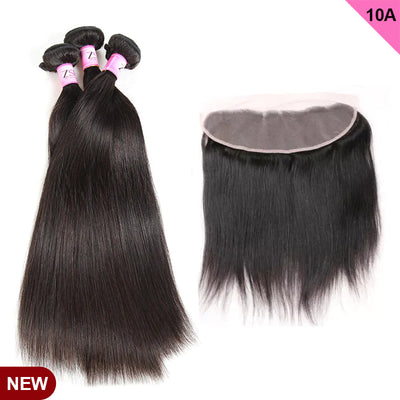 Free Shippng 10A Grade Straight 3Bundles With Lace Frontal 100% Human Hair Natural Black