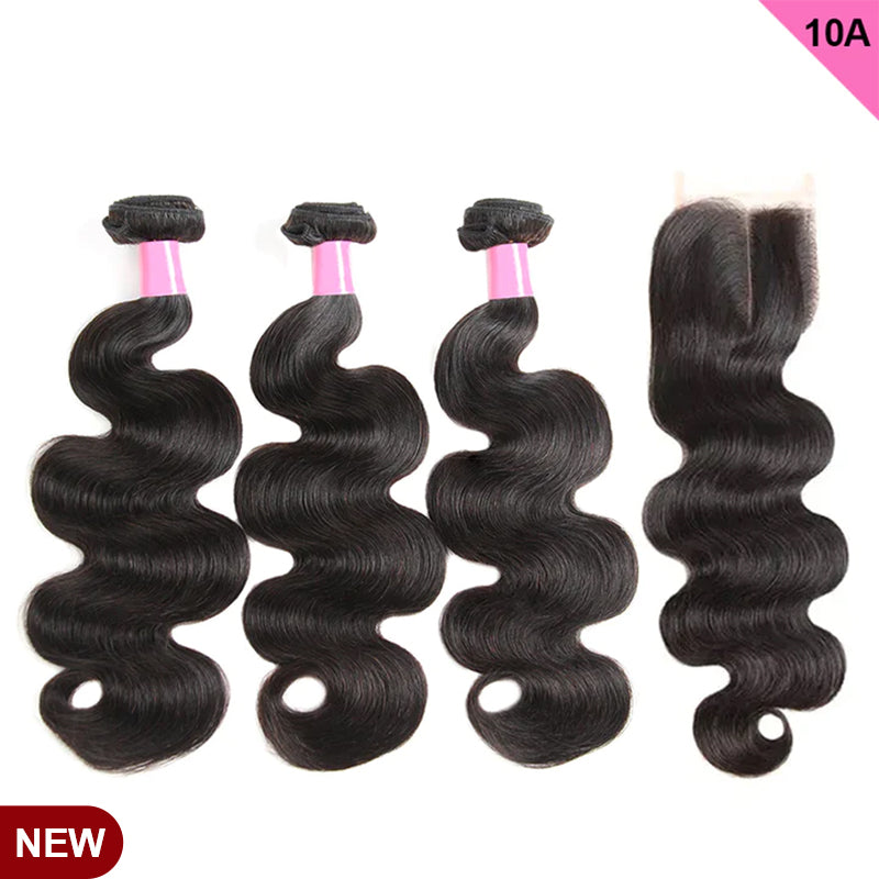 Free Shipping 10A Grade Body Wave 3Bundles With Lace Closure 100% Human Hair Natural Black