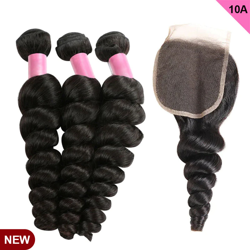 Free Shipping 10A Grade Hair Loose Wave Virgin Hair 3Bundles With Lace Closure Natural Black