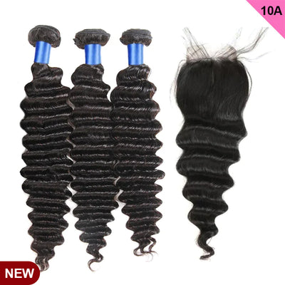ZSF 10A Grade Hair Loose Deep Wave Virgin Hair 3Bundles With Lace Closure Natural Black