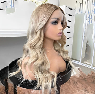 ZSF Hair Ombre Ash Blonde Lace Front Human Hair Wig Body Wave Colored Brown Hightlight