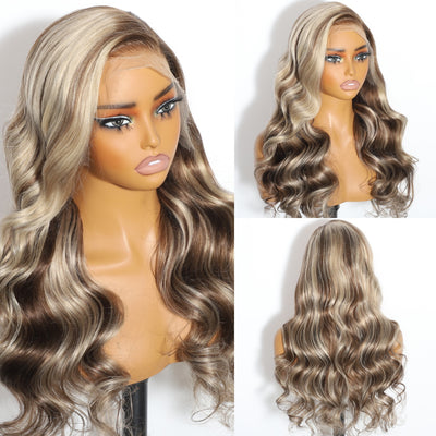 (BUY 1 GET 1 Free) ZSF New Arrival Ombre Brown Mixed Ash Blonde Highlight Body Wave Human Hair Lace Frontal Wig Plucked
