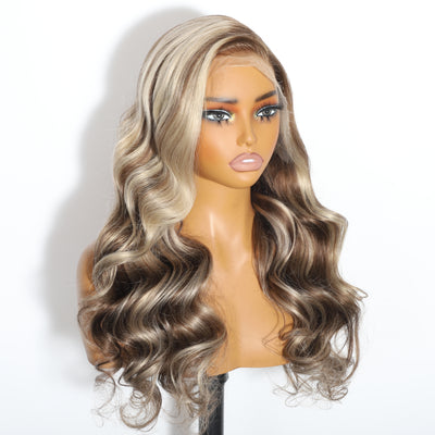 (BUY 1 GET 1 Free) ZSF New Arrival Ombre Brown Mixed Ash Blonde Highlight Body Wave Human Hair Lace Frontal Wig Plucked