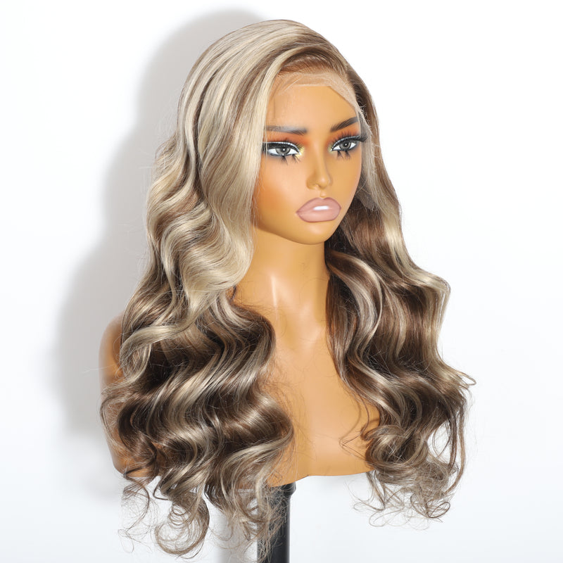 (BUY 1 GET 1 Free) ZSF New Arrival Ombre Brown Mixed Ash Blonde Highlight Body Wave Human Hair Lace Frontal Wig Plucked